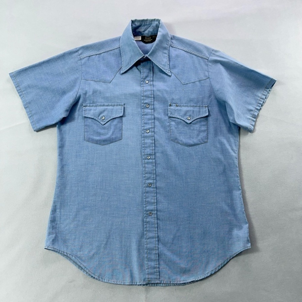 Vintage 70s Sears Western Wear Shirt Men Large Blue Pearl Snap Short Sleeve FLAW